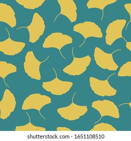 ginkgo biloba seamless pattern on blue background, vector illustration with biloba leaves