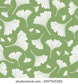 Ginkgo biloba seamless pattern. White ginkgo leaf silhouettes on green background. Botanical print. Vector illustration