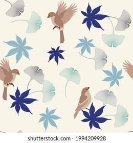 Ginkgo biloba, silhouette of colorful leaves and birds on a beige background. For textile decoration, packaging.