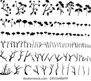 Ginkgo biloba tree branches constructor. Vector set of bare tree branches and ginkgo leaves isolated on the white background. Big collection of big and small sticks with leaves and without leaves. 