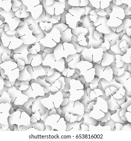 Ginkgo biloba tree leaves as a white texture concept. 3D vector illustration monochrome relict ginkgo tree leaf seamless pattern. Modern light color wallpaper, background, backdrop or design element.
