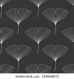 Ginkgo bliloba leaves seamless black and white pattern. Vector illustration.