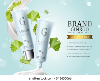 Ginkgo cosmetic ads, blue plastic tube bottles with ginkgo biloba leaves and cream texture, 3d illustration