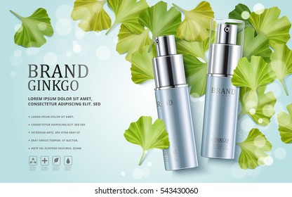 Ginkgo cosmetic ads, blue spray bottles isolated on bokeh background with ginkgo biloba leaves, 3d illustration