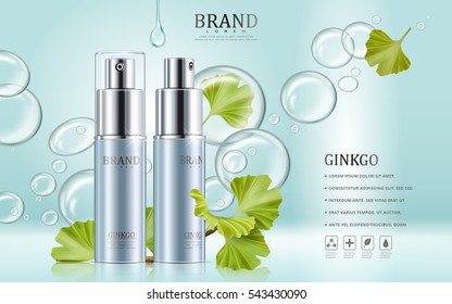 Anúncios cosméticos Ginkgo, garrafas de spray azul com folhas de ginkgo biloba e gota de essência clara, ilustração 3D