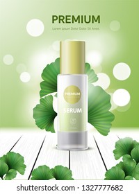 Ginkgo cosmetic ads, bottles with texture, 3d illustration