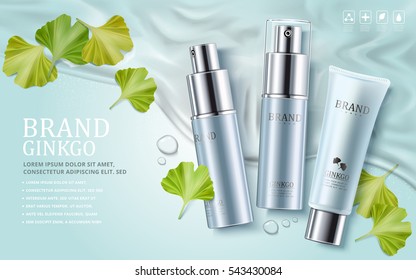 Ginkgo cosmetic ads, plastic tube and spray bottles with ginkgo biloba leaves on water background, 3d illustration