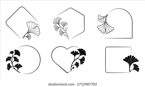 Conjunto de marco de Ginkgo. Siluetas de arte de línea negra mínima para logotipos y diseños de texto, Ilustración vectorial