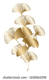 Ginkgo or Gingko Biloba golden branch with leaves. Nature botanical gold vector illustration, decorative metal graphic isolated over white.