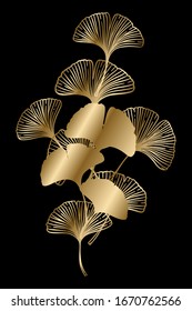 Ginkgo or Gingko Biloba golden branch with leaves. Nature botanical gold vector illustration, decorative metal graphic isolated over black.