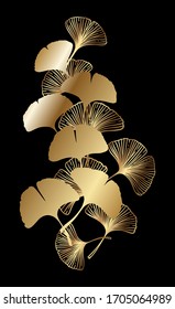 Ginkgo or Gingko Biloba golden branch with leaves. Nature botanical gold vector illustration, decorative metal graphic isolated over black.