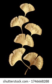 Ginkgo or Gingko Biloba golden branch with leaves. Nature botanical gold vector illustration, decorative metal graphic isolated over black.