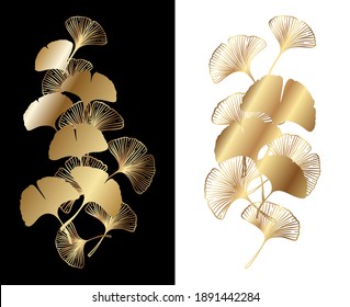 Ginkgo or Gingko Biloba golden leaves decoration set. Nature botanical gold vector illustration, decorative metal graphic isolated over white and black.