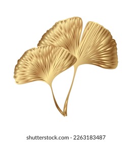 Ginkgo oder Gingko Biloba goldene Blätter. Natur botanische goldene Vektorgrafik, dekorative Metallgrafik einzeln auf Weiß.