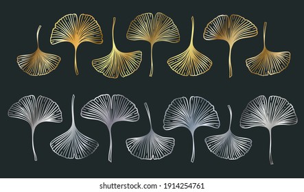 Ginkgo or Gingko Biloba golden and silver leaves set. Nature botanical metal vector illustration, decorative graphic isolated over black.