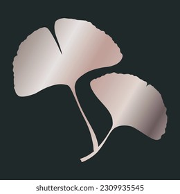 Ginkgo or Gingko Biloba rose golden leaves. Nature botanical pink gold vector illustration, decorative metal graphic isolated over dark gray.