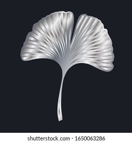 Ginkgo or Gingko Biloba silver leaf. Nature botanical steel vector illustration, decorative metal graphic isolated over black.