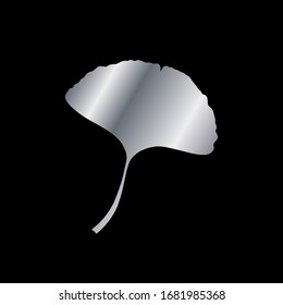 Ginkgo or Gingko Biloba silver leaf. Nature botanical steel vector illustration, decorative metal graphic isolated over black.