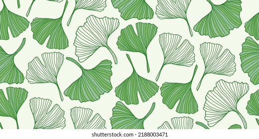 Ginkgo green leaf seamless pattern for textile or wallpapers, hand drawn elements. Vector background 