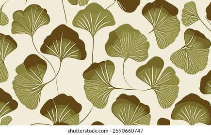 Ginkgo green leaves seamless pattern. Botanical seamless pattern with green ginkgo leaves. Ginkgo biloba leaf vector seamless pattern background. Trendy for wallpaper, template, banner.