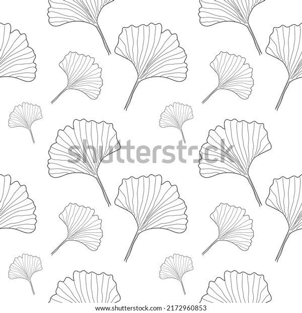 Ginkgo herbal plant\
seamless pattern. Linear Ginkgo herbal plant in white background.\
vector illustration