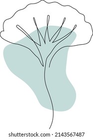 Ginkgo leaf with abstract blue shape. Continuous line drawing. Minimalistic line art.
