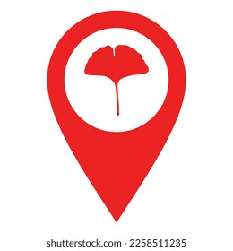Ginkgo leaf and location pin on white