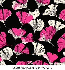 Ginkgo leaf pattern, pink and white, Ginkgo seamless pattern, seamless repeating vector pattern, design and pattern for textile print. Vector illustration.