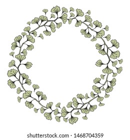 Ginkgo leaf wreath. Colored hand drawing vector illustration isolated on white background.