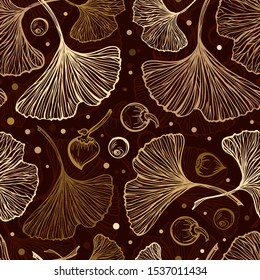 Ginkgo leaves autumn botanical background. Vector seamless vintage style pattern.