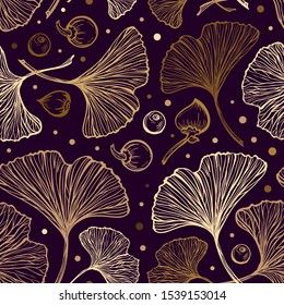 Ginkgo leaves and berries autumn botanical background. Vector seamless vintage style pattern.