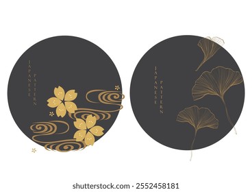 Ginkgo leaves and cherry blossom flower with hand drawn wave illustration in vintage style. Gold floral pattern in vintage style. Oriental flora  banner design.