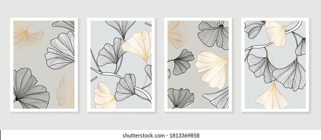 Ginkgo leaves cover design background vector. Luxury Floral art deco. Gold natural wall art and  pattern design. Vector illustration.