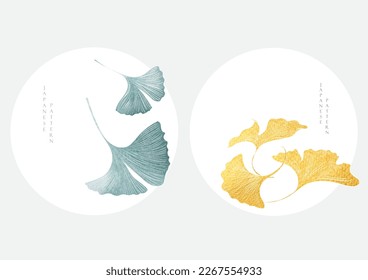 Ginkgo leaves with Hand drawn line logo design. Chinese element decorations with blue and gold watercolor texture in vintage style. Abstract art landscape with hand drawn wave elements. 