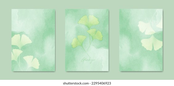 Ginkgo leaves with hand drawn watercolor illustration in vintage style. Set green card of floral pattern in vintage style. Vector Oriental floral banner design 