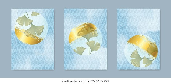 Ginkgo leaves with hand drawn watercolor illustration in Japanese wave pattern. Set card of floral pattern and gold texture. Vector Oriental floral luxury banner design 