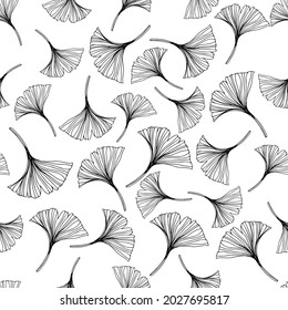 Ginkgo leaves one line hand drawn seamless pattern. Botanical elements vector clip art. Leaves patter for textile and wallpaper, design