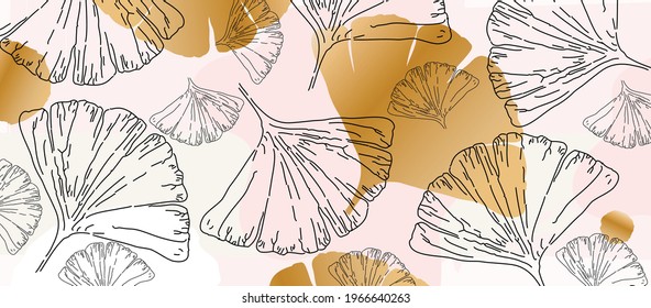 Ginkgo leaves pastel gold pattern. Ginkgo biloba poster background, nature inspired, soft colors, elegant art print. Botanical decorative design, vector illustration for spa, wellness, fabric, fashion