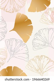 Ginkgo leaves pastel gold pattern. Ginkgo biloba poster background, nature inspired, soft colors, elegant art print. Botanical decorative design, vector illustration for spa, wellness, fabric, fashion