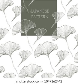 Ginkgo leaves pattern background. Grey Japanese vector. Line natural wrapping paper design.