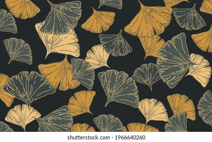 Ginkgo leaves seamless pattern. Ginkgo biloba golden gray poster background, nature inspired, elegant art print. Botanical decorative design, vector illustration for spa, wellness, fabric, fashion