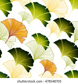 Ginkgo leaves seamless pattern with colorful hand-drawn elements