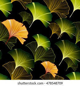 Ginkgo leaves seamless pattern with colorful hand-drawn elements