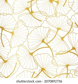 Ginkgo leaves seamless pattern gold outline on white background