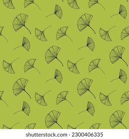 Ginkgo leaves seamless pattern on the green background.