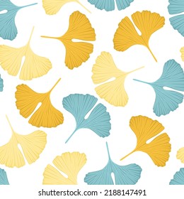 Ginkgo leaves seamless pattern. Vector botanical background. Cartoon flat style.