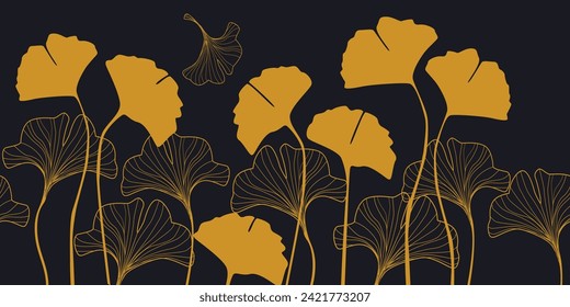 Ginkgo leaves seamless pattern. Vector botanical illustration Floral background. Luxury elegant pattern Background with golden ginkgo leaves. Stylish botanical design with lines 