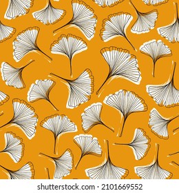 Ginkgo leaves seamless repeat pattern. Random placed,  vector botany plant all over surface print on orange background.