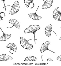 Ginkgo leaves seamless vector pattern. Ginkgo biloba leaves outlines on white background