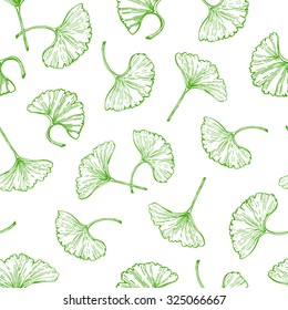 Ginkgo leaves seamless vector pattern. Ginkgo biloba leaves green outlines on white background